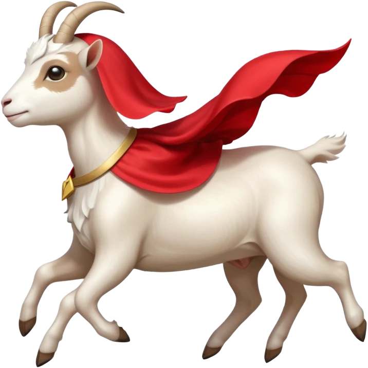 side view of white female goat wearing a read cape like superman emoji