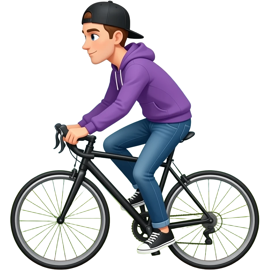 tall skinny guy with black basecap and purple hoodie and jeans rides a black bycicle with nature background emoji