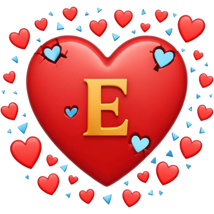 Small broken heart emojis around the letter E emoji
