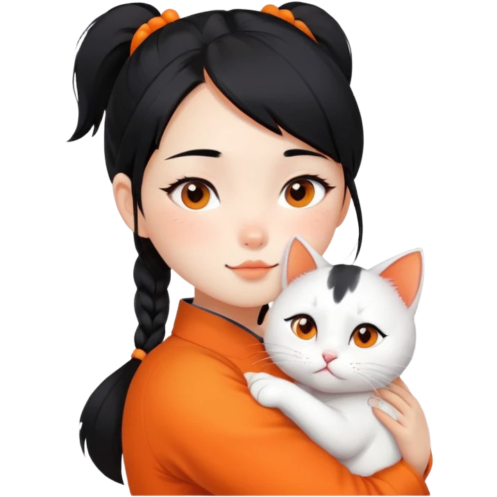 East Asian girl with high ponytail black hair hugging a predominantly white cat with orange patches, sweet and gentle, cute facial expressions emoji