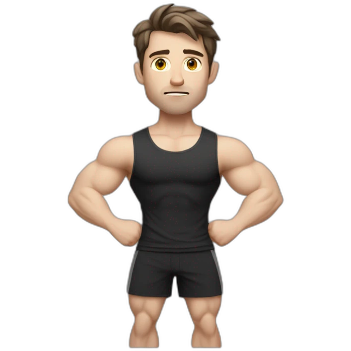 Confused Pale skinned Fit Man With the biceps and dark brown hair in black shirt, gray sports shorts and white Sneakers emoji