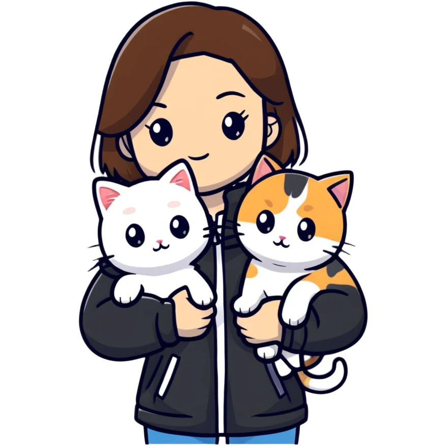 Light-skinned girl with brown straight hair wearing a black jacket, along with one pure white cat and one calico cat emoji