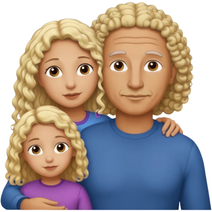 Papá calvo moreno, hija rizada con pelo largo  y mamá rubia pero que no se abracen, la mamá lacia emoji