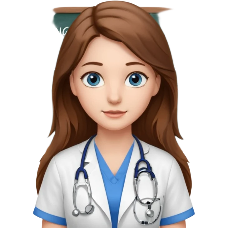 inside a classroom at university that says nursing school on the board with a pretty female nursing student with long brown hair, blue eyes emoji