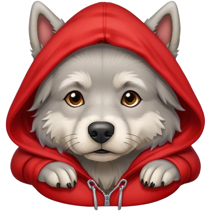 Gray dog scruffy red hood sweatshirt head down emoji