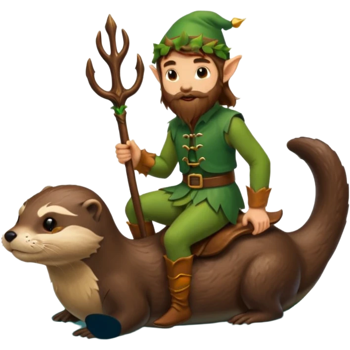 tiny forest elf man long brown hair beard riding an otter emoji