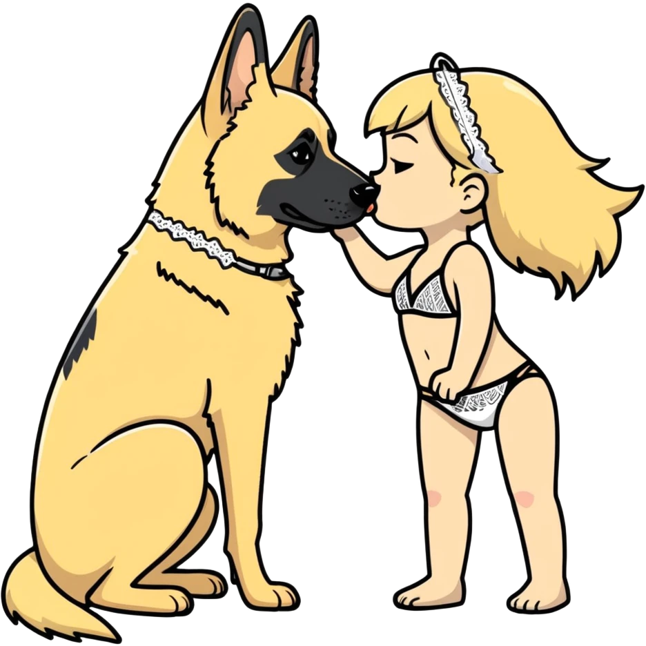 petite blushing subby blonde human woman white lace bikini romance with large German shepherd kissing emoji