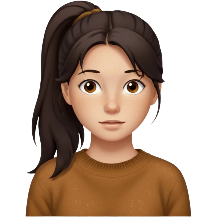 Девочка с длинными темными волосами в хвосте и веснушками в коричневой кофте emoji