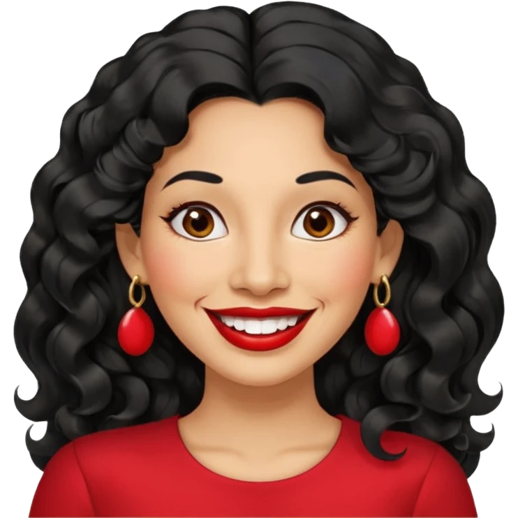 40 yr old peruvian woman, wavy/curly long black hair, red lipstick, big smile, white teeth, brown eyes, hoop earings, side part to hair, round face emoji