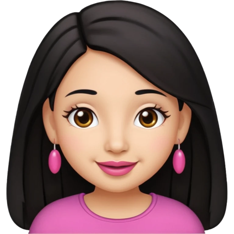 Gordita, ojos pequeños de color cafe oscuro, labios pequeños y rosados, piel trigueña, orejas pequeñas, cabello largo lazio y negro. emoji