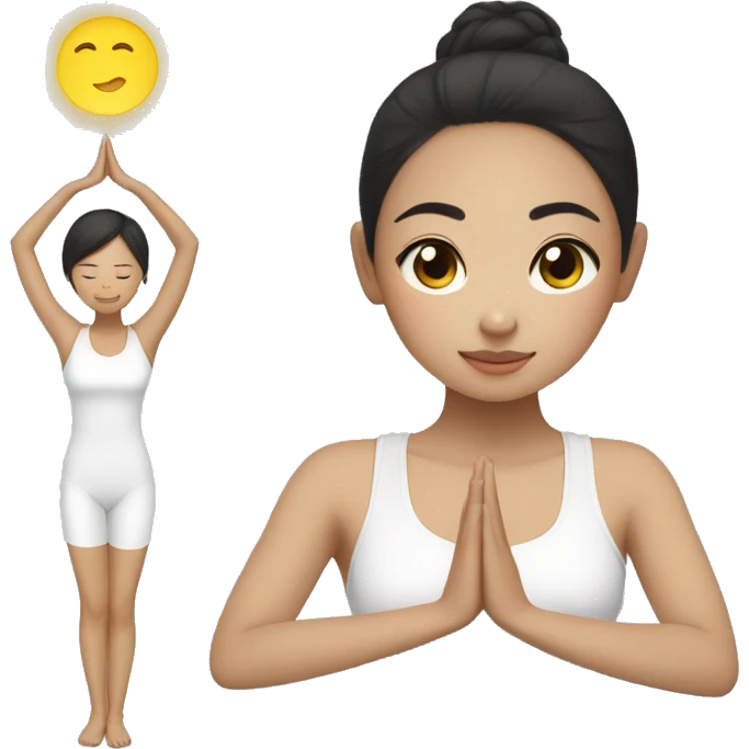 Asian girl doing yoga with light skin and dark hair, black eyes emoji