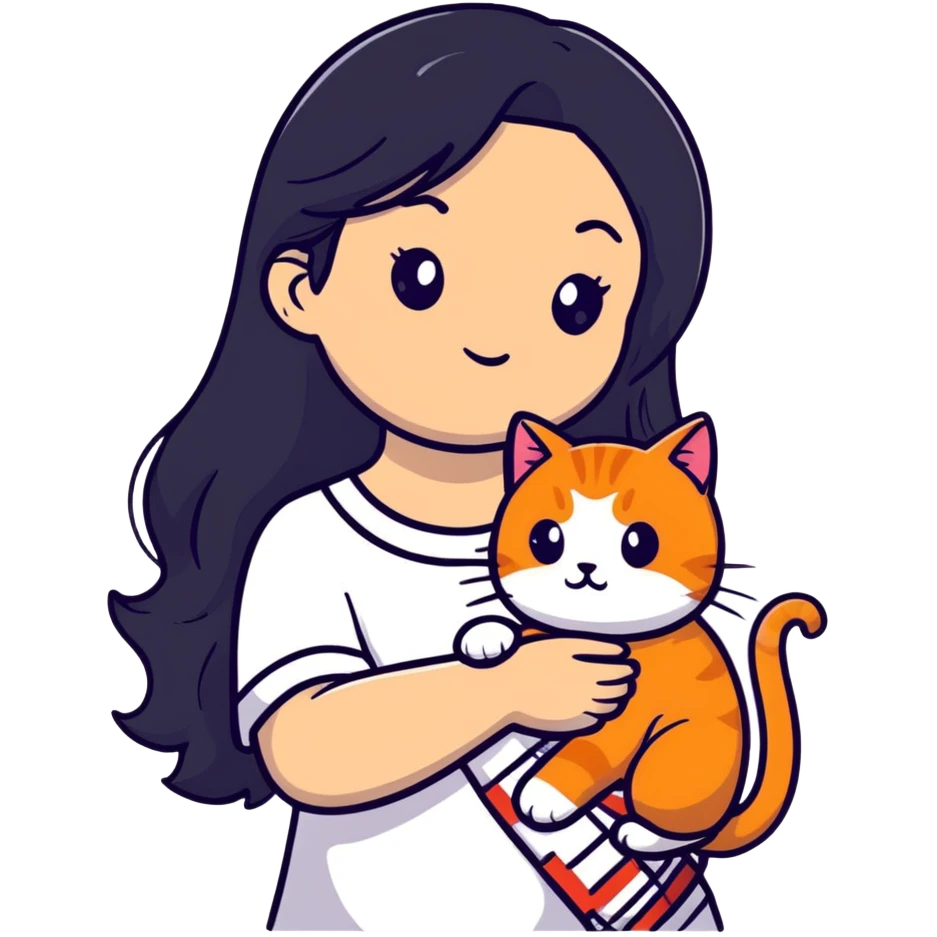 beautiful girl with elegant long black hair holding a cute ginger cat emoji