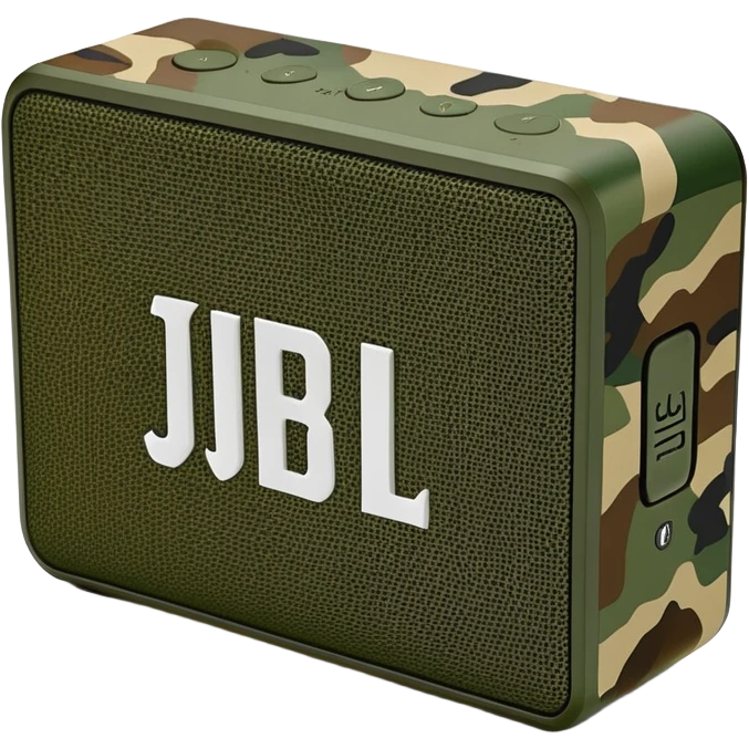 Ultra minimal JBL Go 4 bluetooth speaker with green and brown camouflage pattern, sleek design, simplified controls emoji