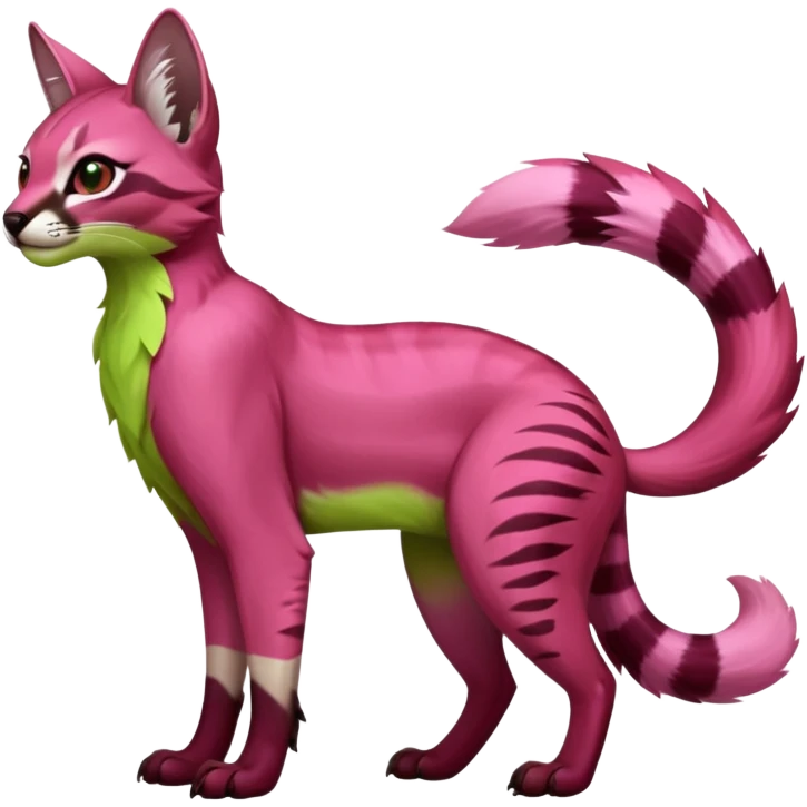 Colorful dark pink lime-green tropical exotic cute cool beautiful shiny beautiful fantasy-caracal-civet-genet-sergal-vernid-serval-Gryphon-Cacomistle-Trico-oncilla-animal-Fakémon-hybrid-fursona (full body) emoji
