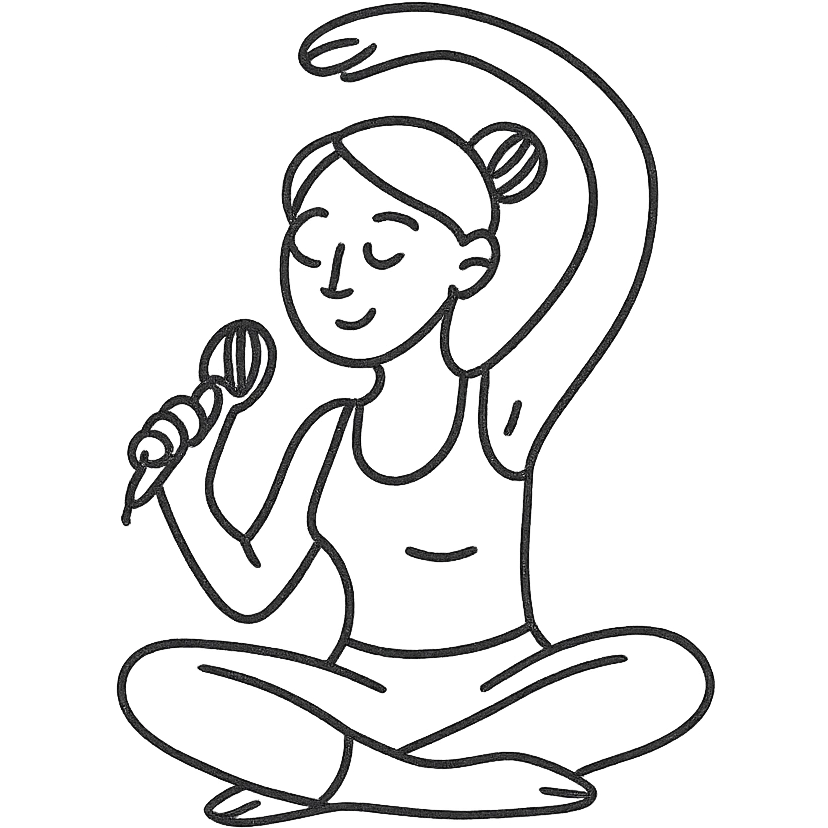 woman doing yoga with a microphone hand drawn outlined icon emoji
