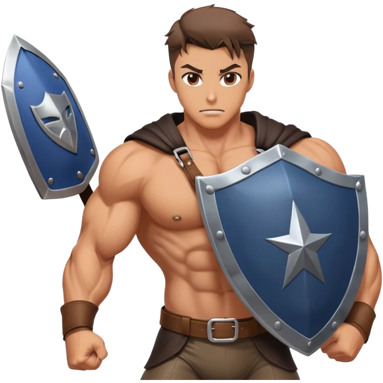 Muscular man in leather purse holding shield with lewd anime girl face on it. Superhero pose  emoji