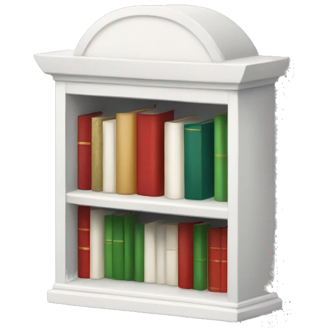 small white bookshelf adorned with christmas ornaments emoji