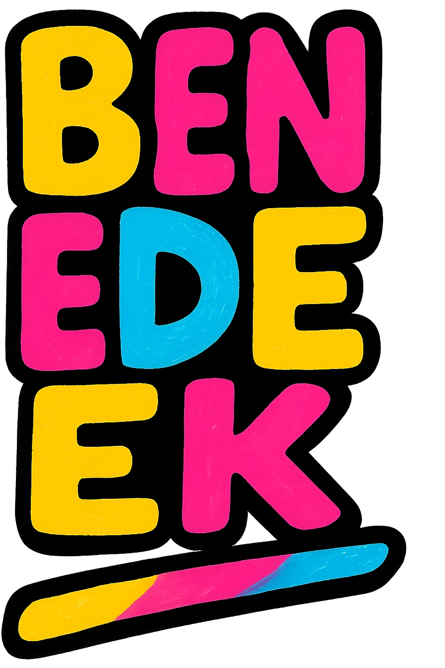 Benedek name in colorful, modern, dynamic style with dark outline, transparent background, slanted colorful underline, based on reference patterns emoji