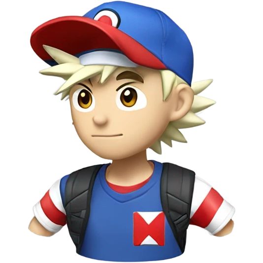 ASH ketchum, pokemon trainer with his spiky hair showing from beneath his signature red and white baseball cap.  emoji
