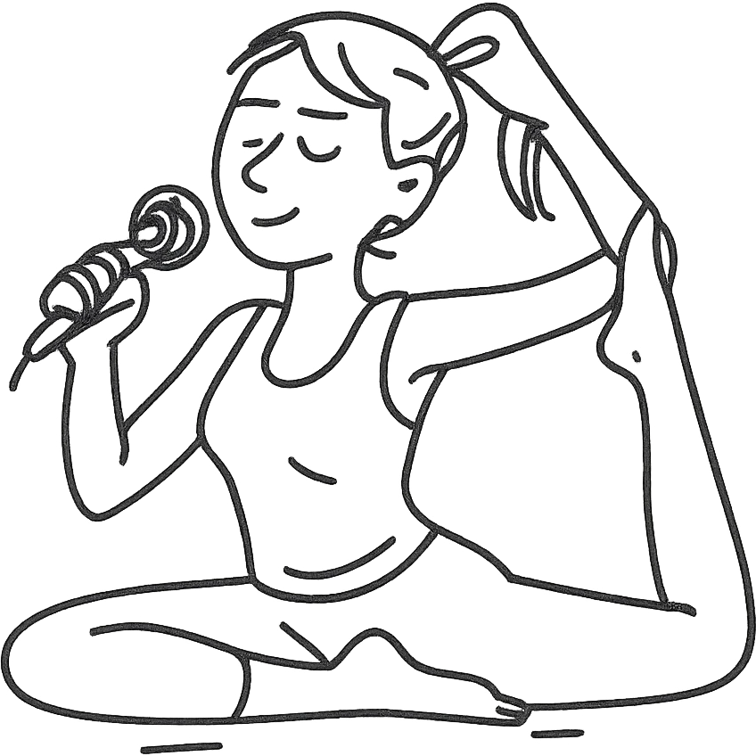 woman doing yoga with a microphone hand drawn outlined icon emoji