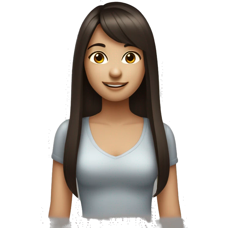 A girl with straight long hair , Dark Brown hair styled in a bang. Fair skin. Dark brown eyes. Smiling naturally. emoji