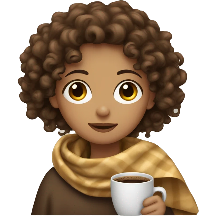 curly brown hair girl with a blanket drinking coffee  emoji