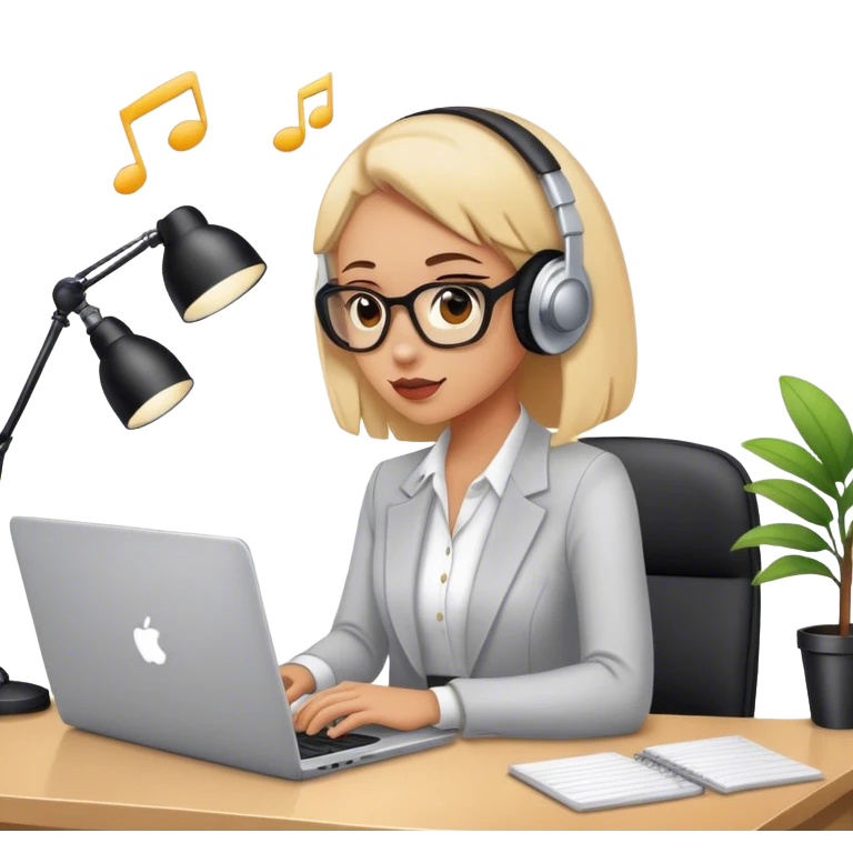 a woman in an office working with laptop listening to music emoji