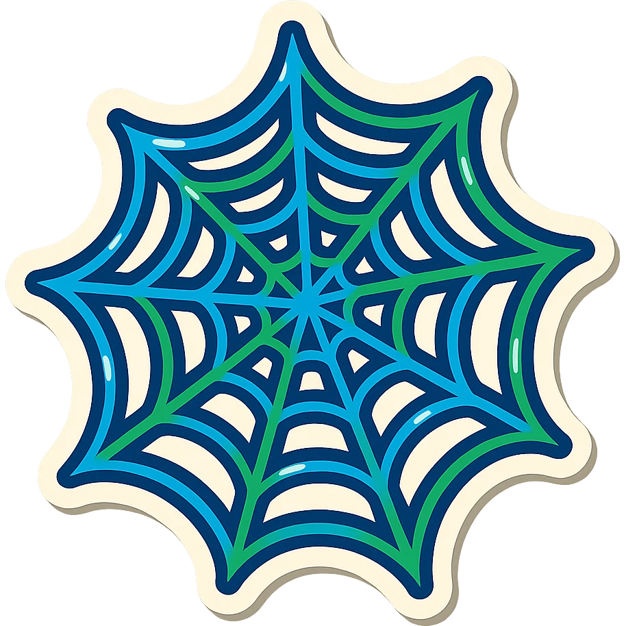 a creative spider web with blue and green colored outlines (no gradient), expressive shadows and highlights, transparent spaces between the web strands, blue and green lines in a spiral or radiating pattern, no fill between the lines, playful and bold emoji