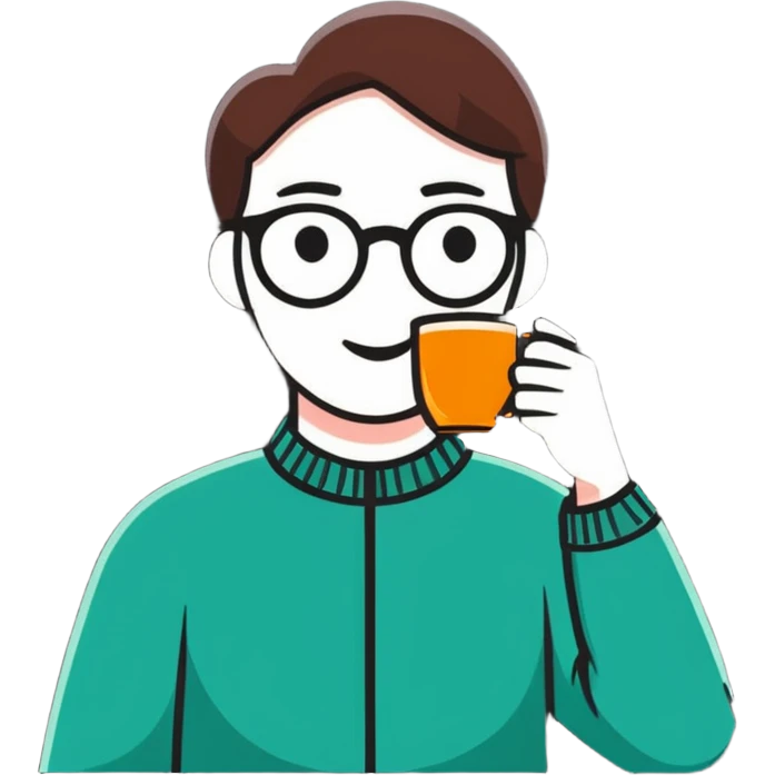 cartoon style emoji of a person with glasses sipping tea, cozy vibe emoji