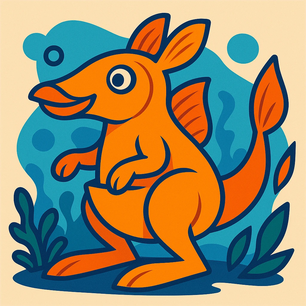 an orange combination of a fish and a kangaroo, creative hybrid, vibrant, clear details emoji