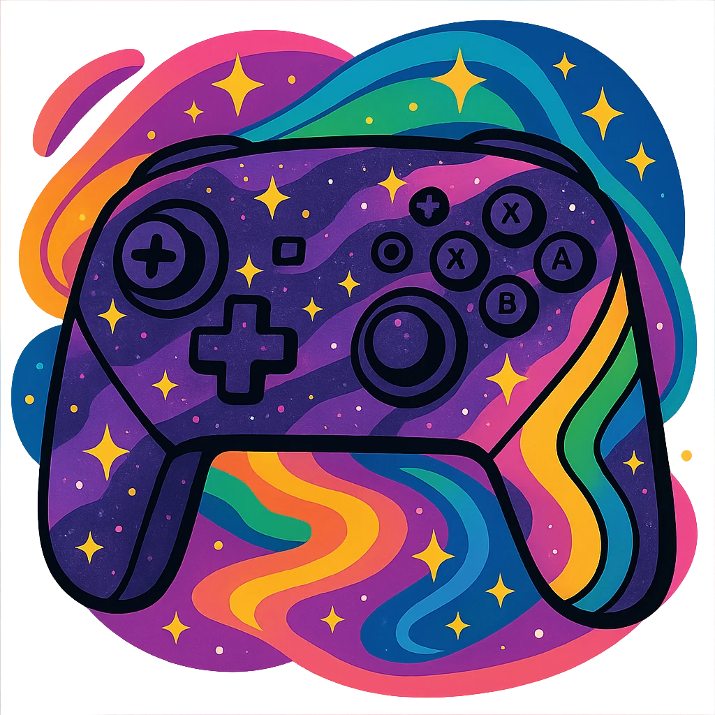 Nintendo Switch Pro controller in a purple galaxy style, swirling rainbow hues, sparkling stars, cosmic background, whimsical and bold emoji