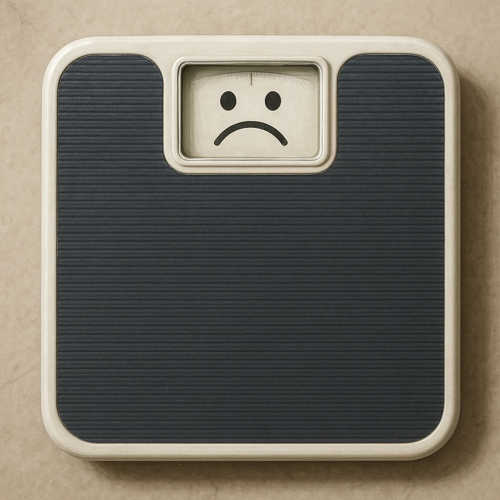 realistic illustration of a weighing scale with a sad face symbol on the display emoji