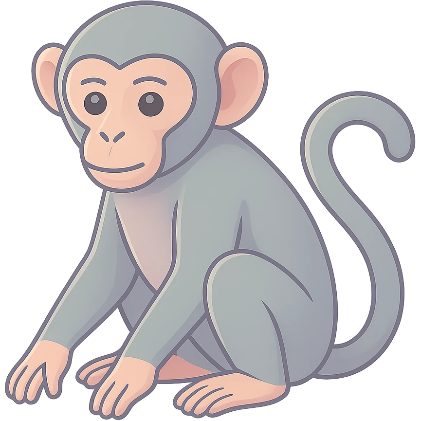 Edit the image to depict a monkey as the symbol of the year in Feng Shui, Chinese Eastern style. Use thin clean contours, soft rounded shapes, and a pastel palette with colors #98B5BC, #B5B3C1, #C9A3C9, #E4C0CA, #F7DCD1, #F7C0AA. Include detailed shadows and highlights with soft lighting. The background should be transparent. The style should be less cute, without decorative elements. The silhouette and appearance should match the reference. emoji