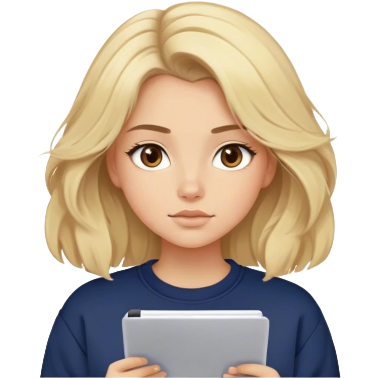 blonde model, brown eyes, medium voluminous hair, comfy navy sweatshirt, writing emoji