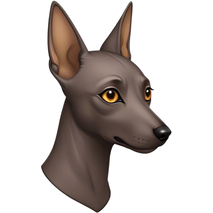 Cinematic Noble Xoloitzcuintle dog Portrait Emoji, Poised and regal, with a sleek, muscular build and smooth, hairless ebony skin accented by subtle wrinkles, deep-set soulful dark eyes, Simplified yet sharp and sophisticated features, highly detailed, glowing with a soft, dignified glow, high shine, intelligent and loyal, stylized with an air of ancient grace, focused and attentive, soft glowing outline, capturing the essence of a watchful and confident guardian, so majestic it feels as though it could stride out of the screen with effortless authority! emoji