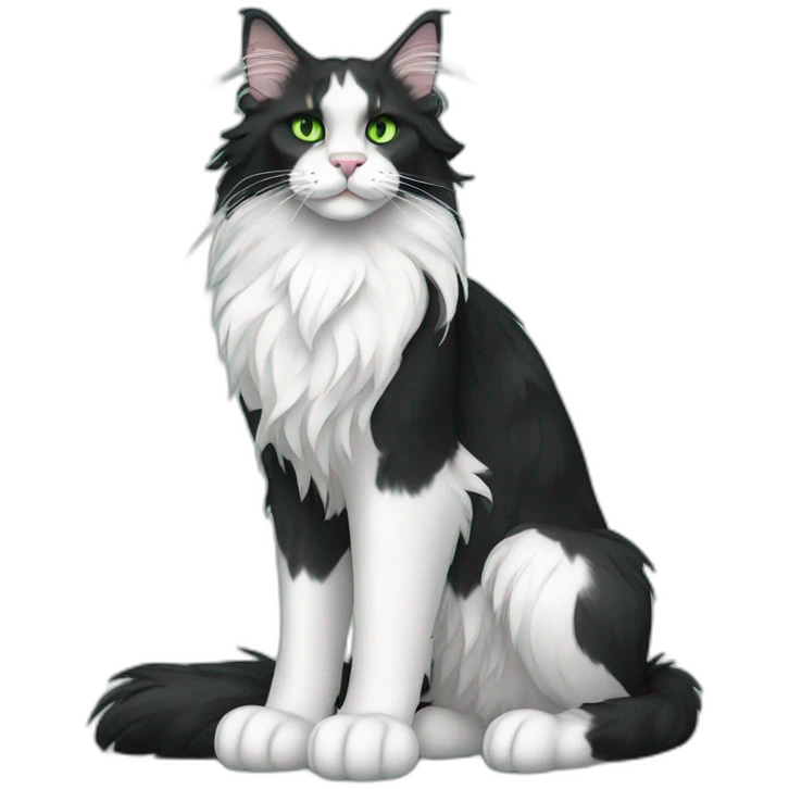 Black and white Maine coon with green eyes full body emoji