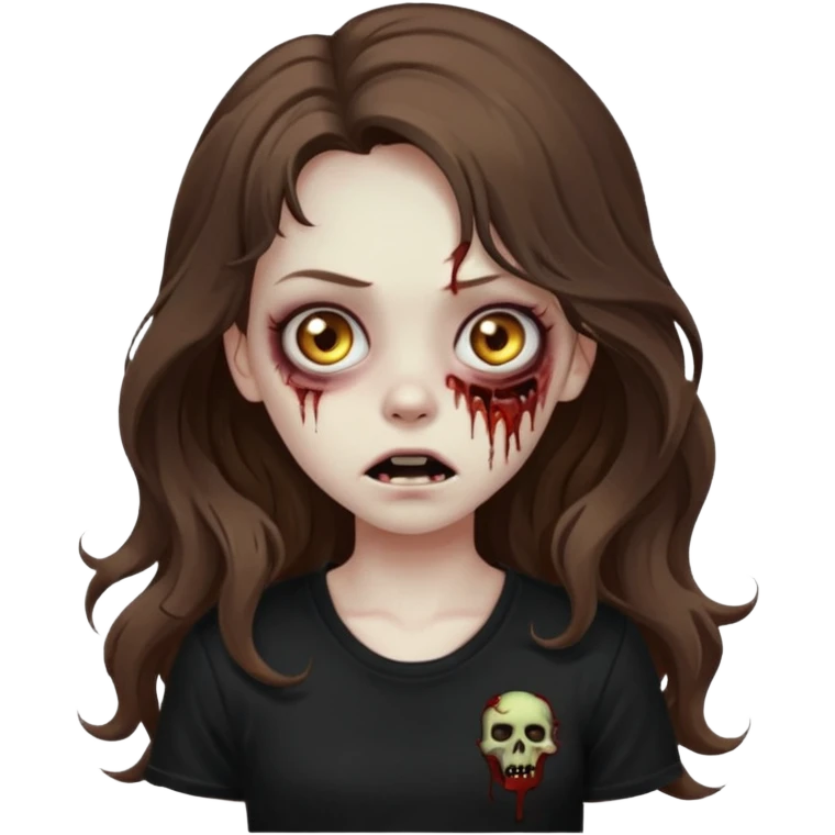 crie um emoji de uma garota zoombie cabelo castanho e longo , assustadora e fofa com cabelo ondulado 2b e camiseta básica preta emoji