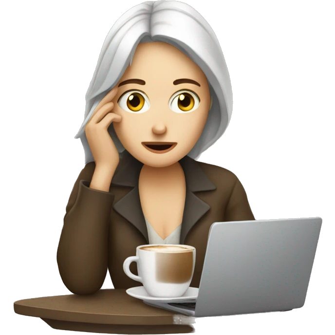 tired french girl with laptop drinking a lot of coffee emoji