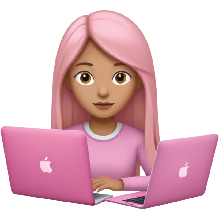Mujer lacia peli larga y peli larga  en una MacBook rosa investigando y haciendo tareas con un libro de apuntes y con cara muy linda como modelo emoji