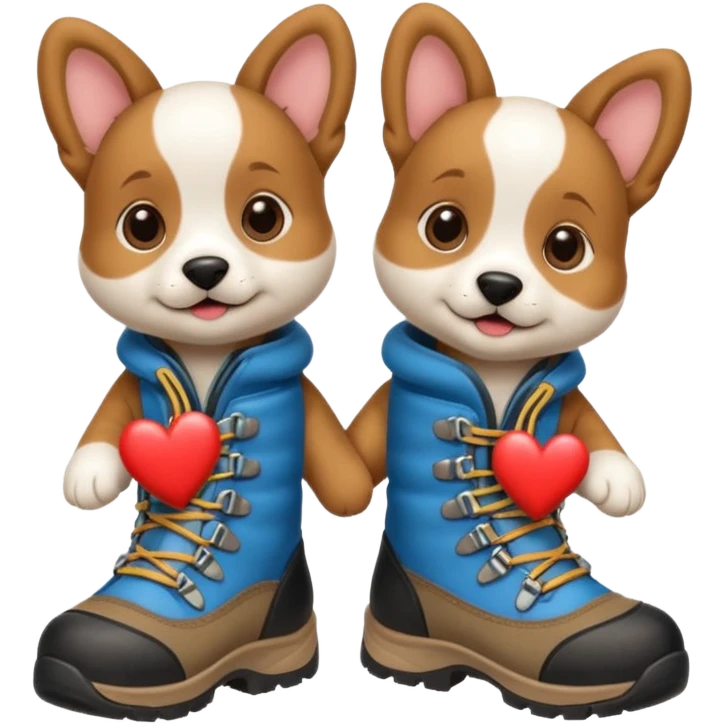 2 puppies hiking with hiking boots on all 4 paws and a heart  emoji