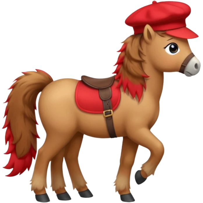 A cute pony (horse) emoji, full body, standing in side view, wearing a stylish red beret. emoji