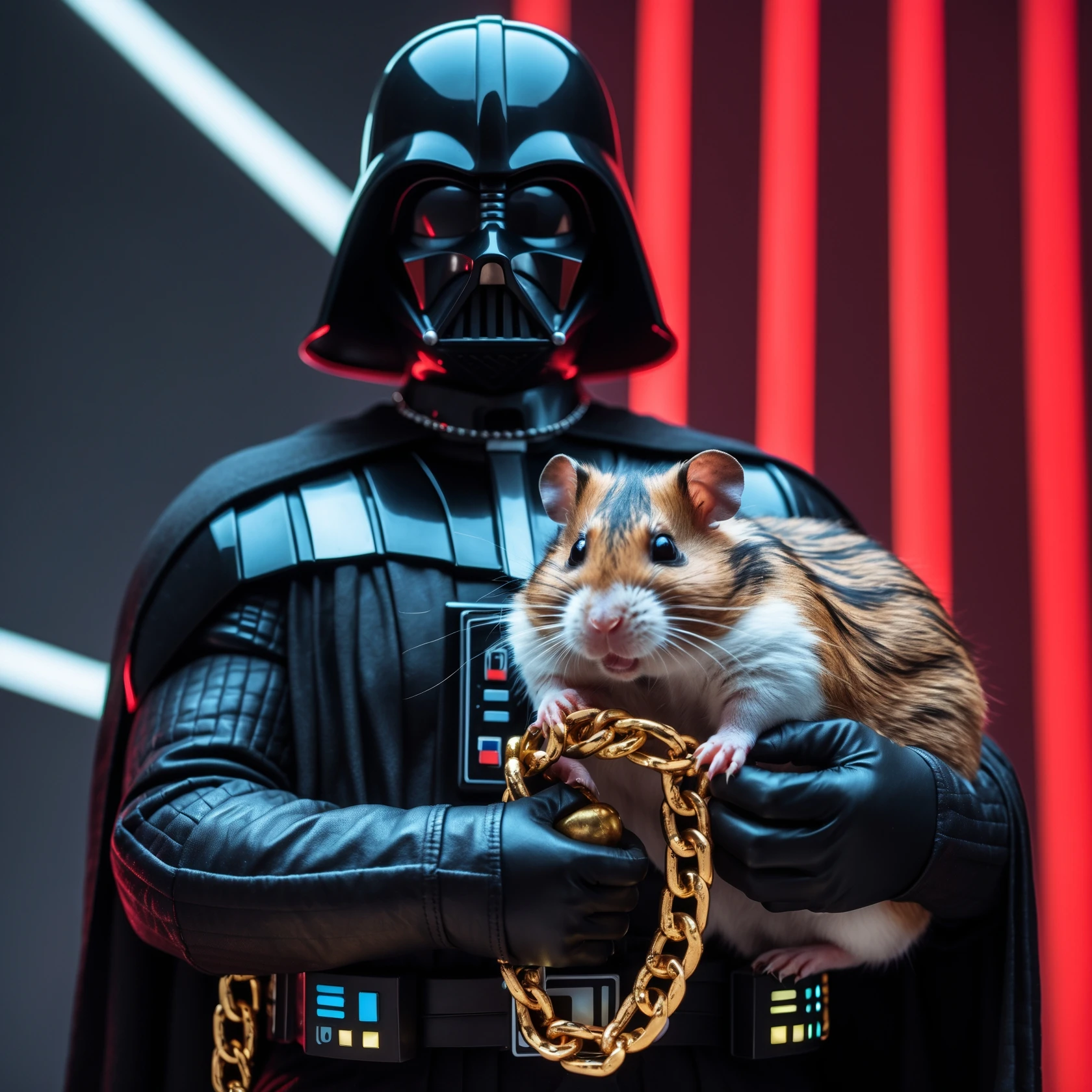 Extreme Closeup Photo of a darth vader holding big hamster with golden chain, low key light, red solid background with leading lines, back light, spot light emoji