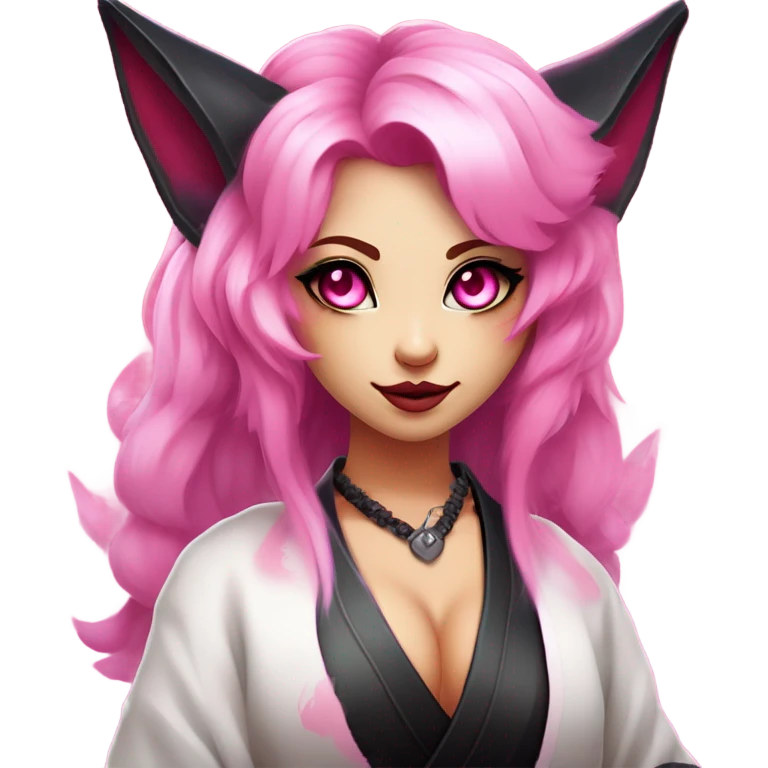 Full body female, succubus kitsune, neon pink eyes, vibrant pink hair, alabaster skin, fluffy black tails, pink tail tips, spiked choker, unique heritage, seductive charm, rebellious spirit, traditional kimonos, spiked anklets, and Barefoot 
 emoji