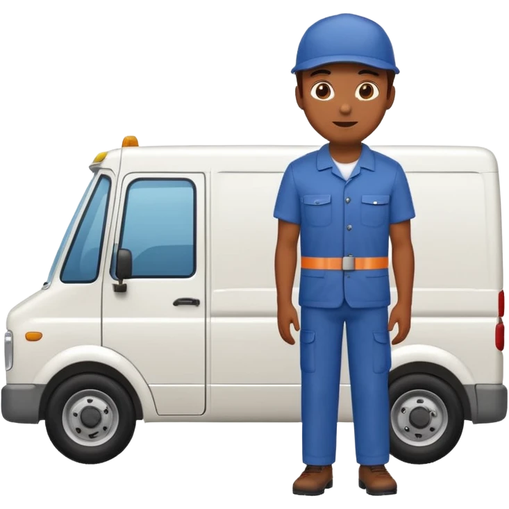 emoji of delivery truck with empty cargo area and a delivery man is standing nearby in waiting pose, dressed in work uniform emoji
