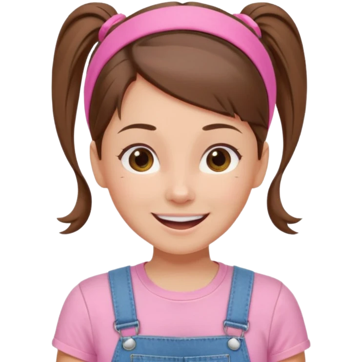 preschool teacher with brown hair pulled up in high ponytail and light pink thin width headband. Has a pink t-shirt with denim overalls. enthusiastic expression with big smile emoji