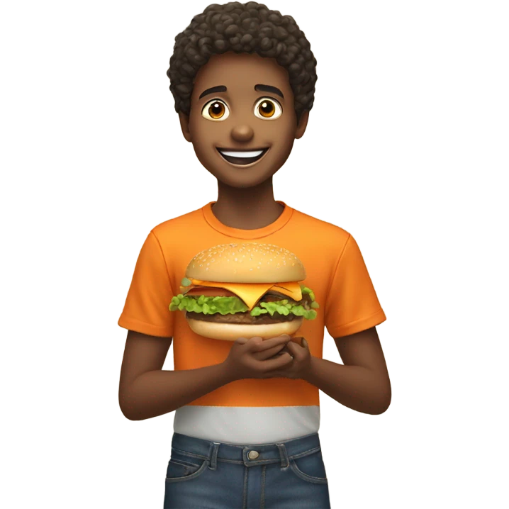 smiling boy with orange shirt eating burger  emoji