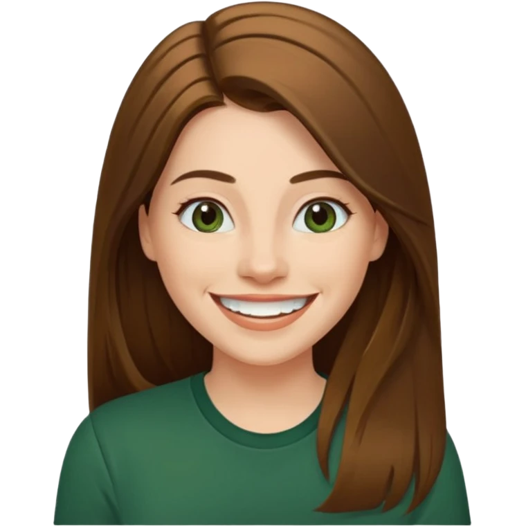 30 yr Caucasian woman long brown straight hair parted on side dark green shirt big smile white teeth emoji