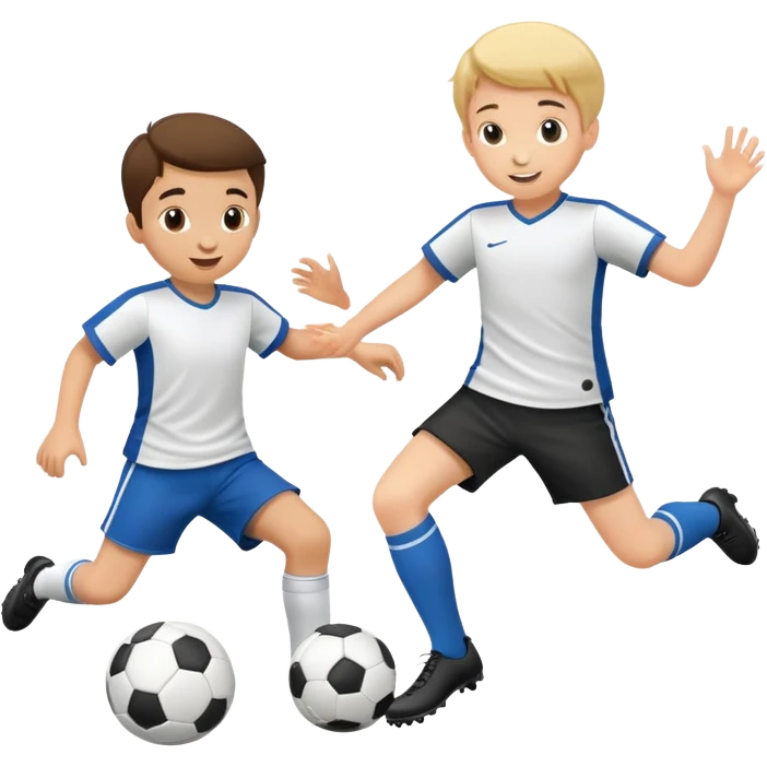 two children playing soccer, one kicking the ball, happy and playful emoji