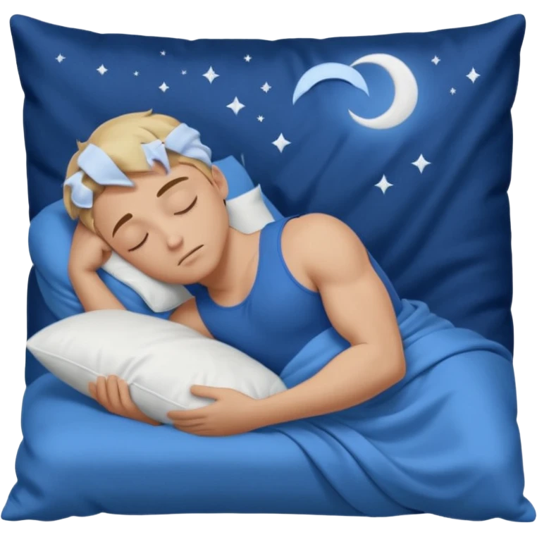 “A young muscular male with short dark-blonde hair and medium-light skin, wearing blue cloth. He sleeps on his side, holding a soft white pillow, his head on a smooth blue pillow. A sleeping symbol floats above him in the dark, nighttime scene. A flowing blue blanket with silky folds covers him. emoji