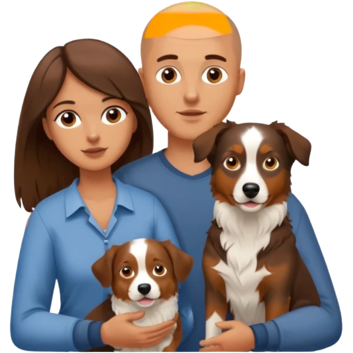 Man with shaved head holding woman with long brown hair and an Aussie dog emoji